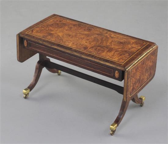 Denis Hillman. A Regency style banded burr walnut and rosewood banded miniature sofa table, width 4 1/8ins. (flaps down)